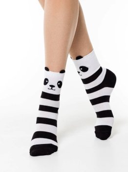 Damen Socken mit 3D Panda Motiv mit Ohren, Schwarz-Weiß